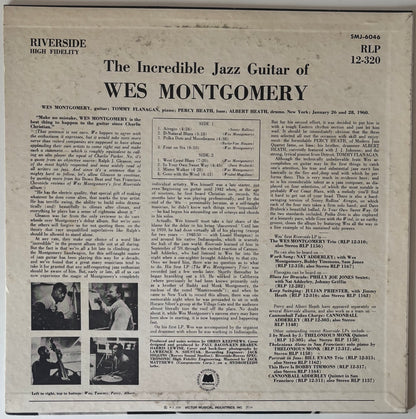 Back cover of a vinyl record featuring text and images of Wes Montgomery playing guitar.