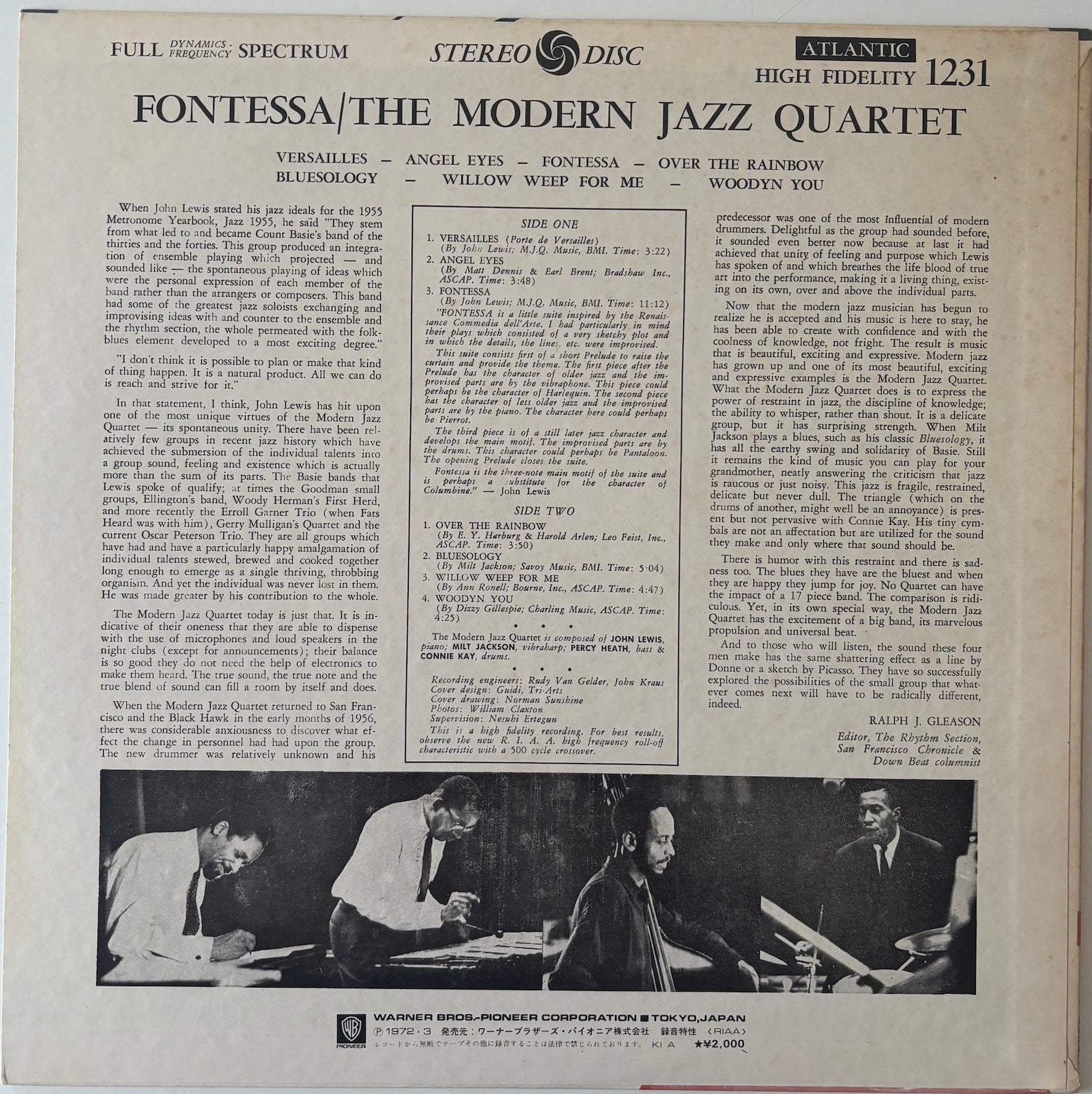 Back cover of a Fontessa by The Modern Jazz Quartet vinyl LP.