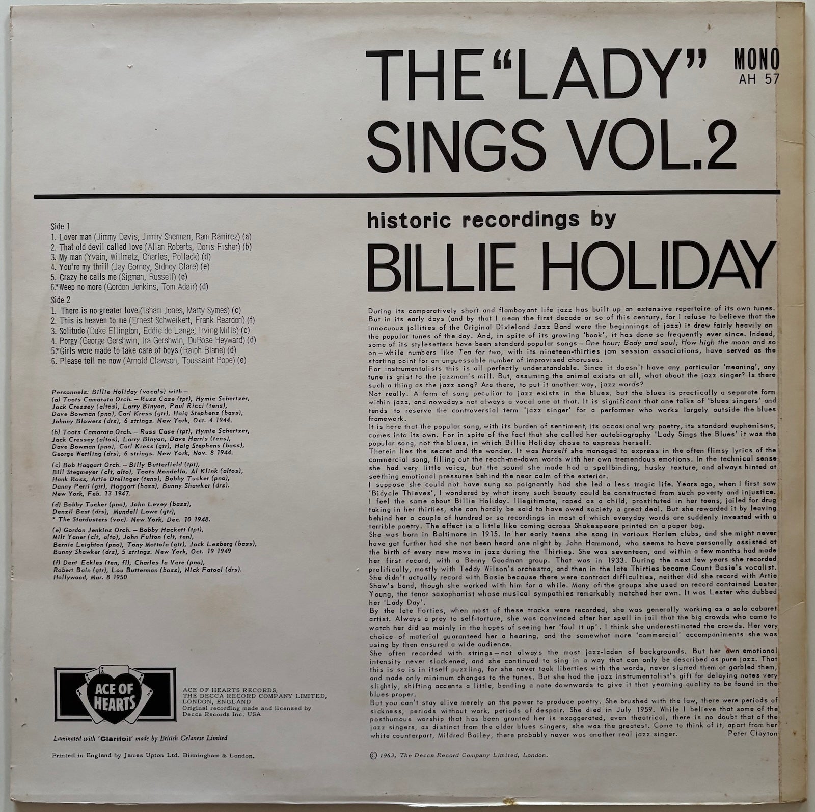 Back cover of a vinyl record featuring text about Billie Holiday's 'The Lady Sings Vol. 2' album.