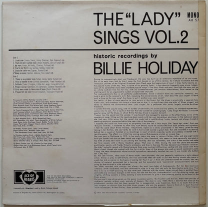Back cover of a vinyl record featuring text about Billie Holiday's 'The Lady Sings Vol. 2' album.
