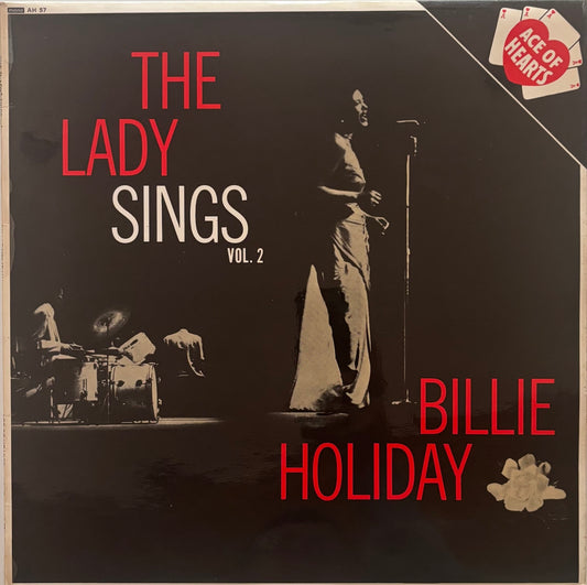 Album cover of 'The Lady Sings Vol. 2' by Billie Holiday with a black and white image of Billie Holiday singing into a microphone.