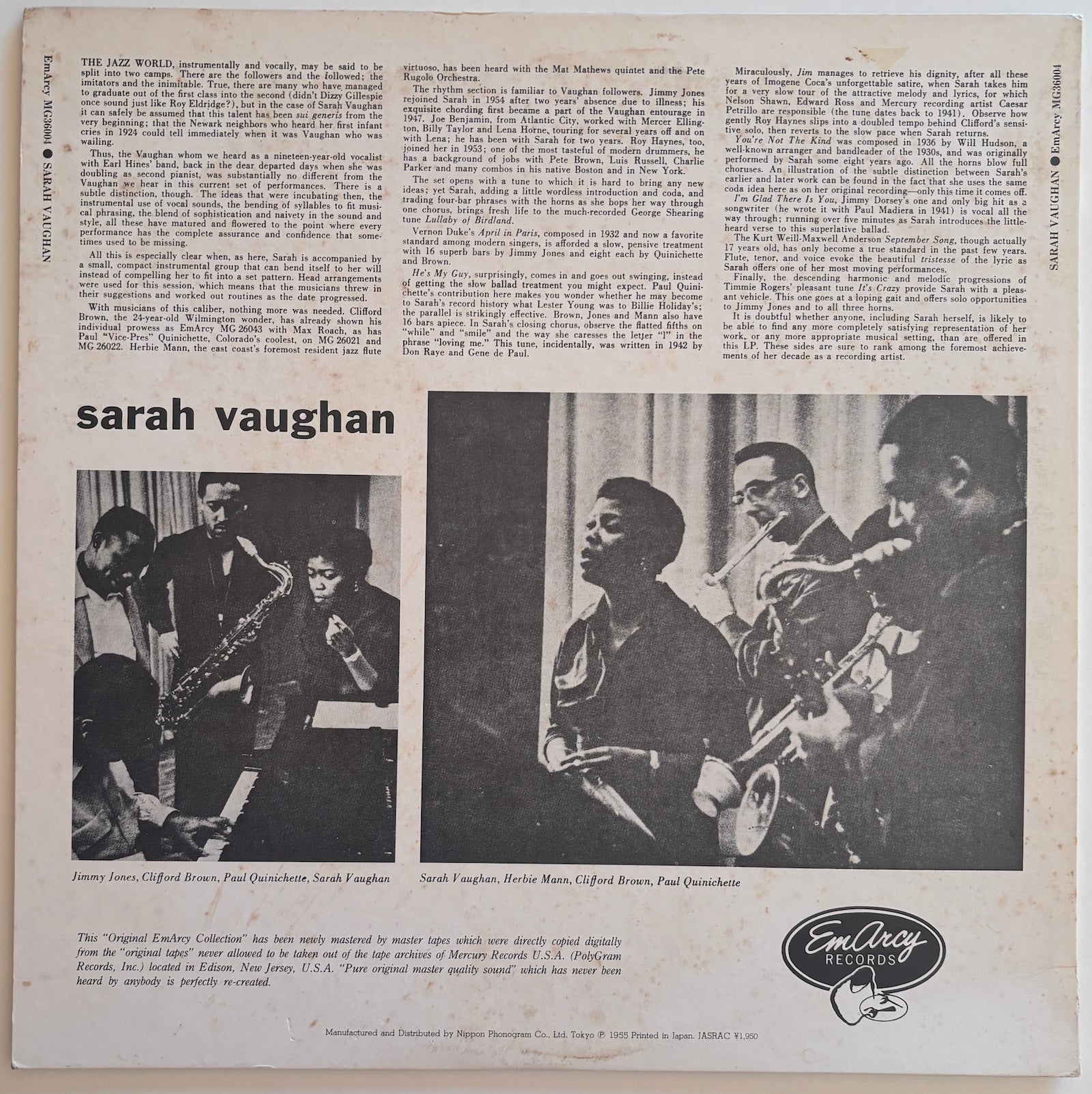 Back cover of Sarah Vaughan self-titled album on EmArcy Records.