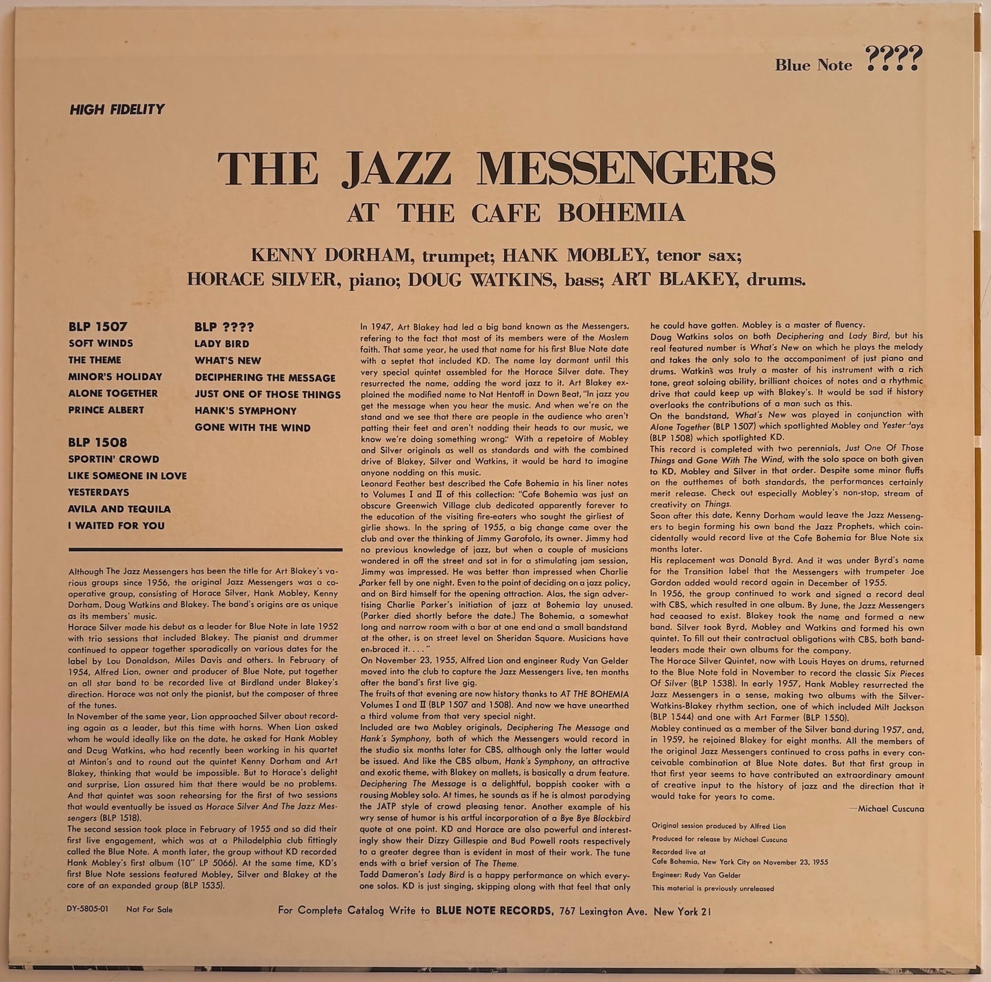 Back cover of a Blue Note album 'The Jazz Messengers at the Cafe Bohemia Volume 3'