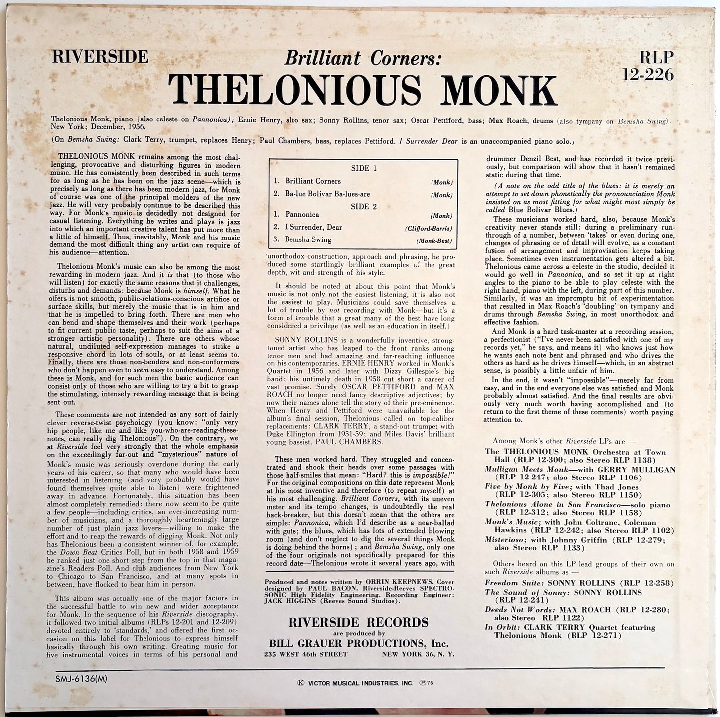 Back cover of Brilliant Corners album by Thelonious Monk.