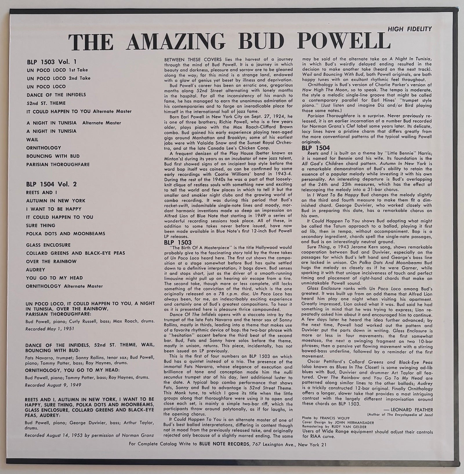 Back cover of 'The Amazing Bud Powell Volume 2' on Blue Note Records.