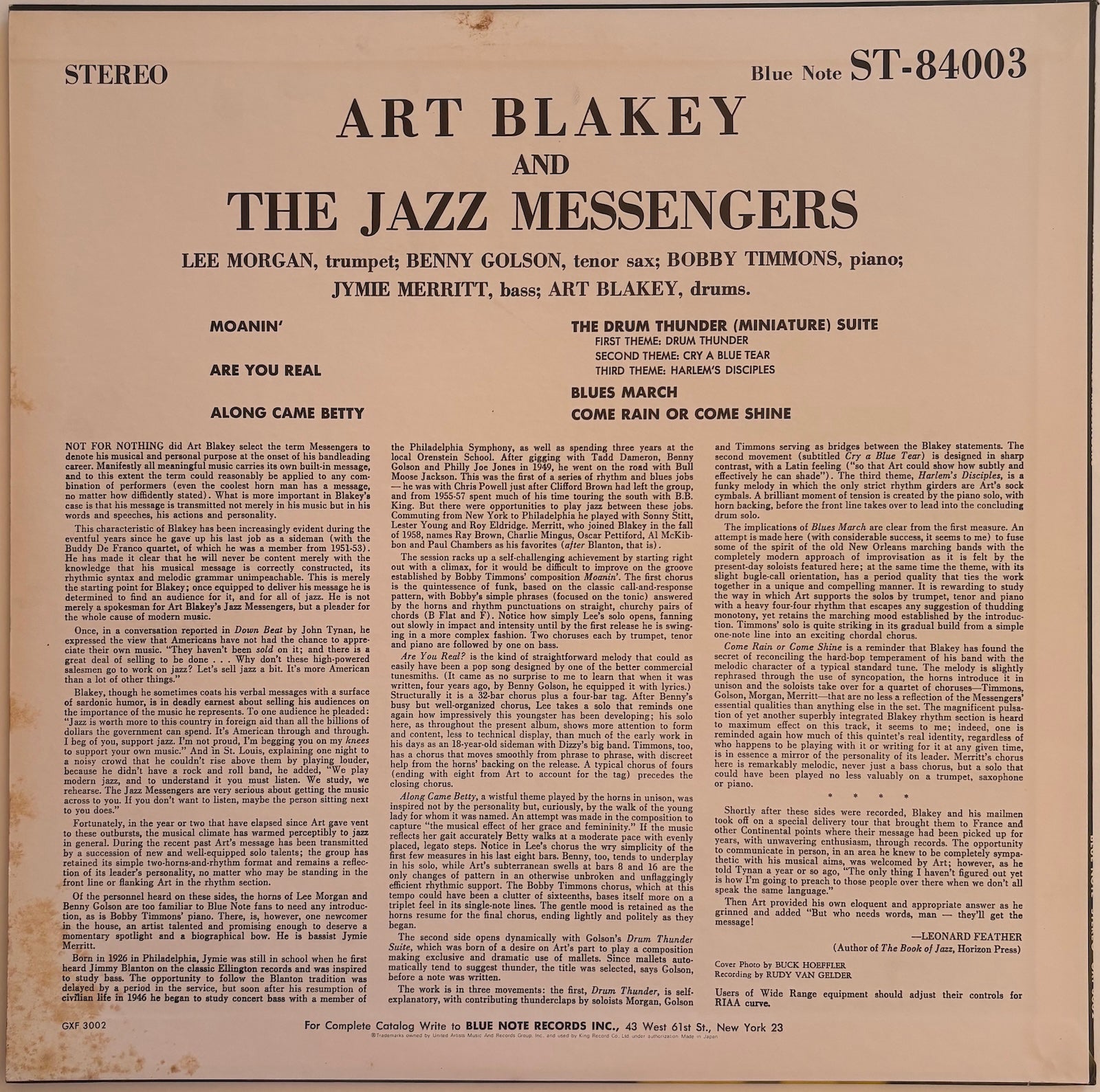 Back cover of Art Blakey and The Jazz Messengers.