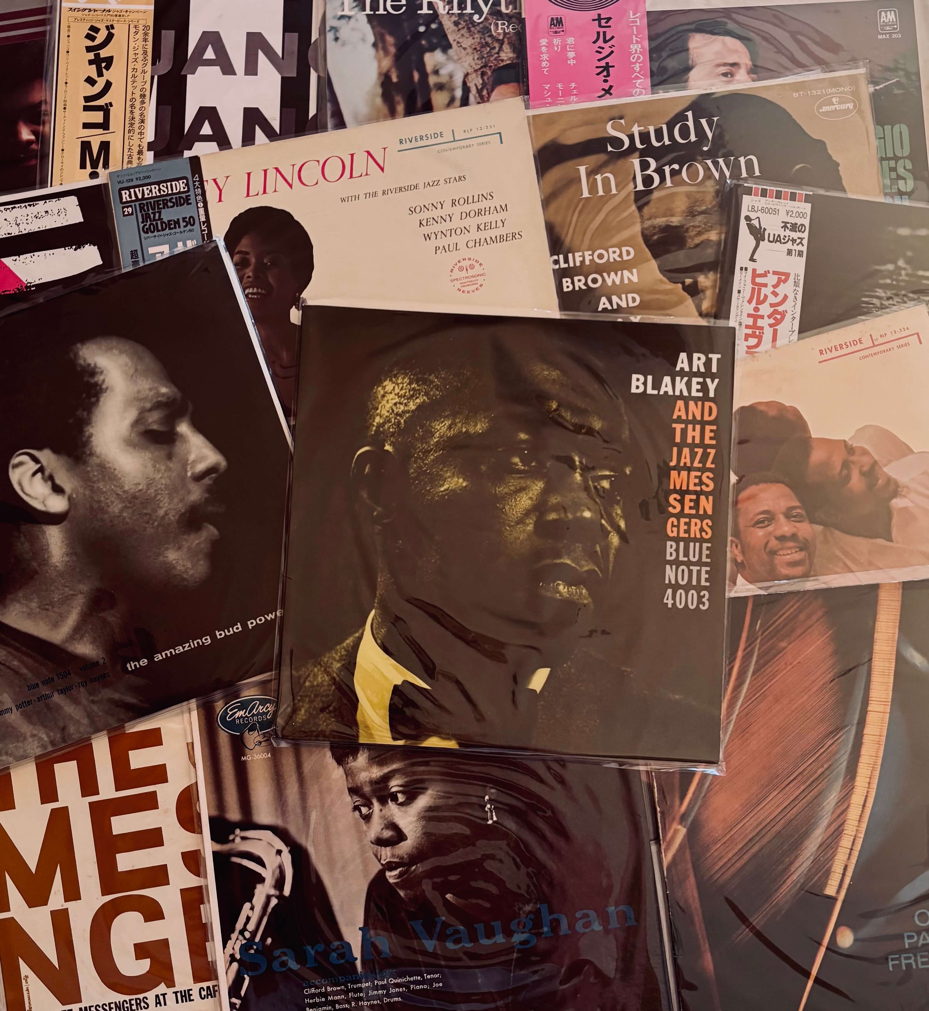 Collection of vintage vinyl record covers featuring jazz musicians