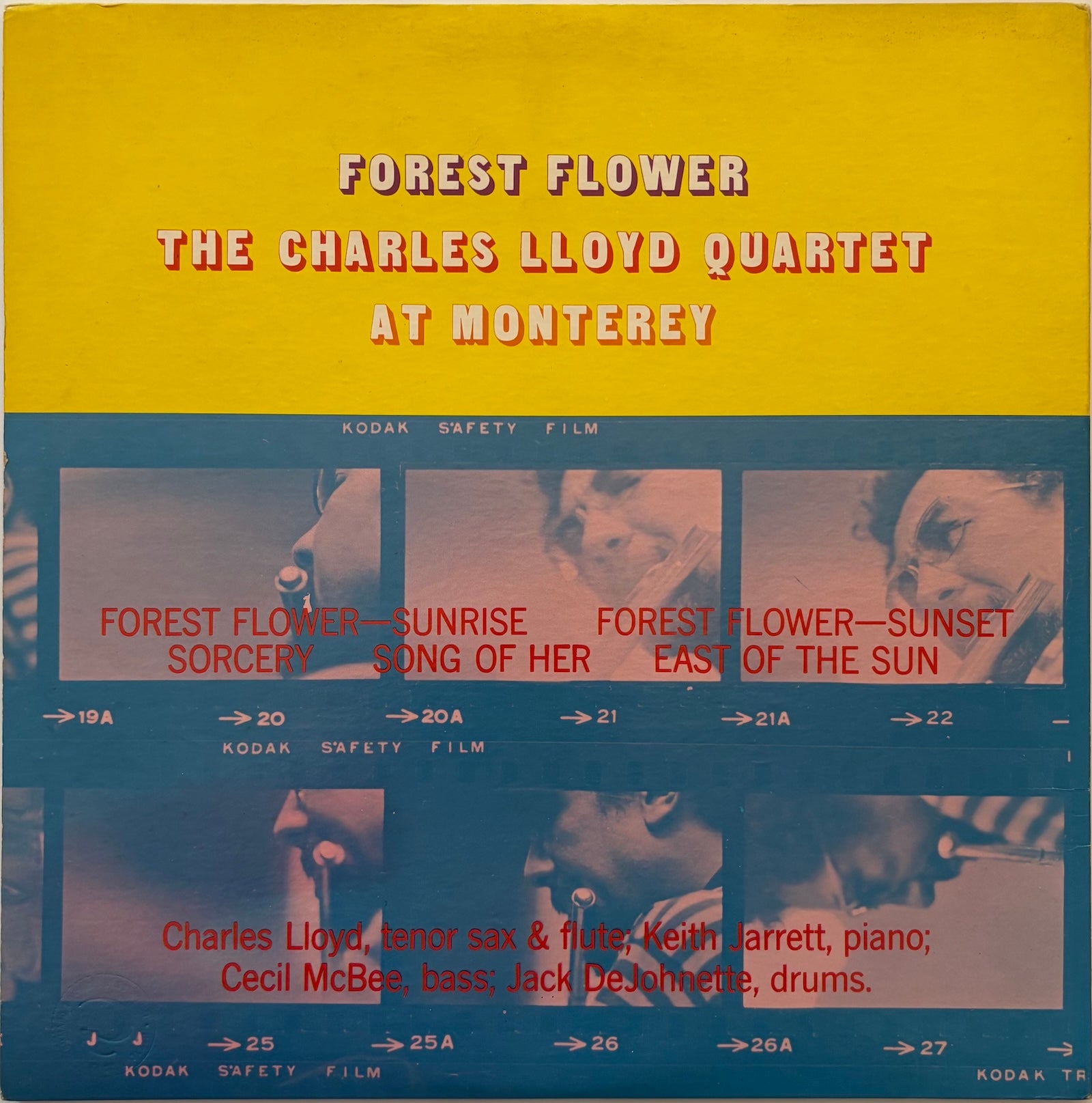 Back cover of album 'Forest Flower' by The Charles Lloyd Quartet at Monterey with yellow and blue design.