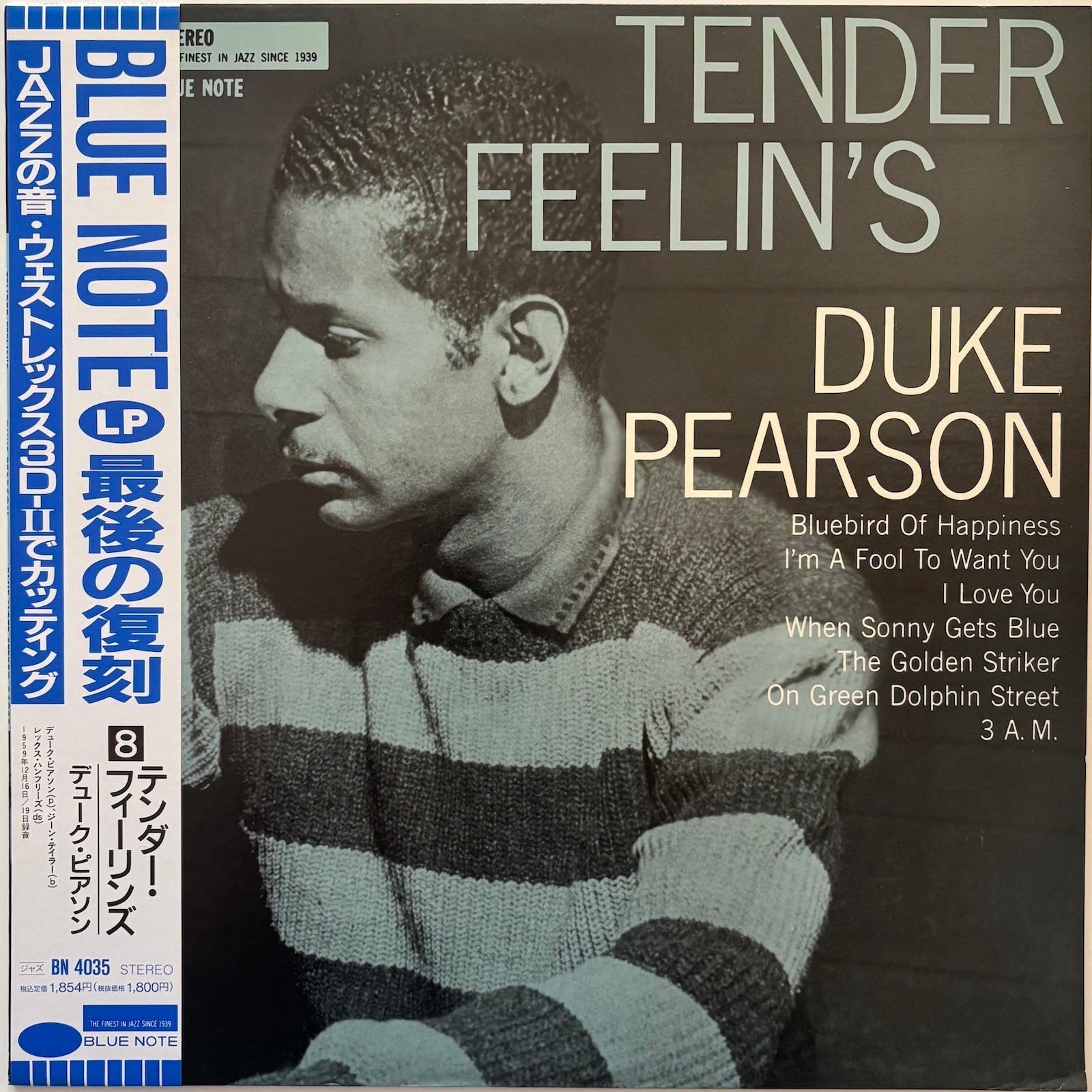 Album cover of 'Tender Feelin's' by Duke Pearson with a black and white photo of a man wearing a striped sweater.
