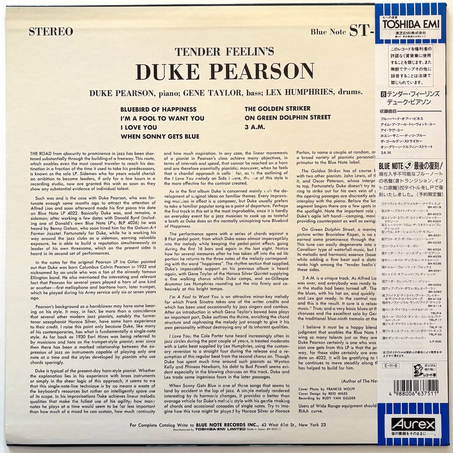 Back Cover of Duke Pearson album Tender Feelin's