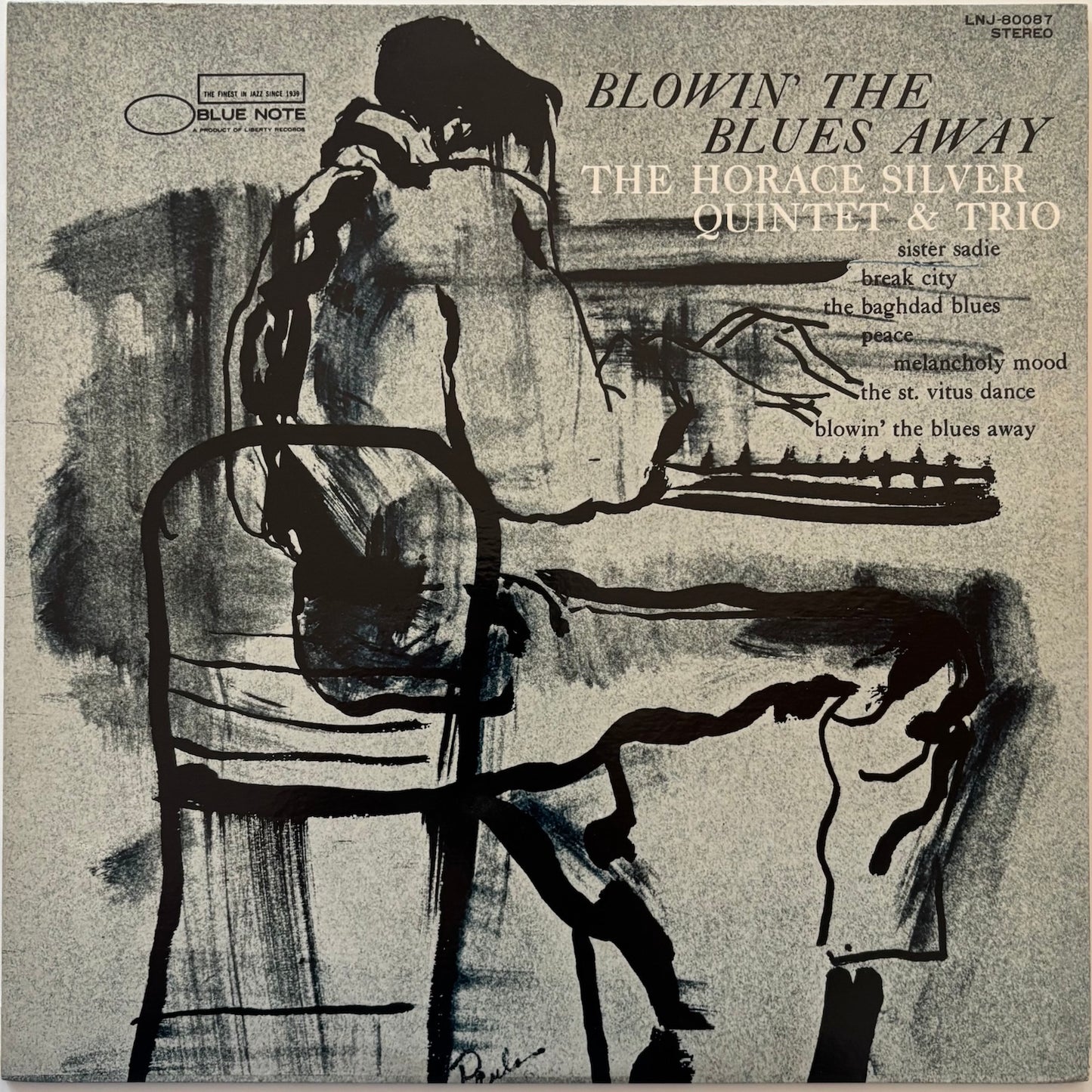 Album cover of 'Blowin' the Blues Away' by The Horace Silver Quintet & Trio with a black and white illustration of a person playing piano.
