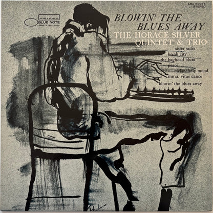Album cover of 'Blowin' the Blues Away' by The Horace Silver Quintet & Trio with a black and white illustration of a person playing piano.