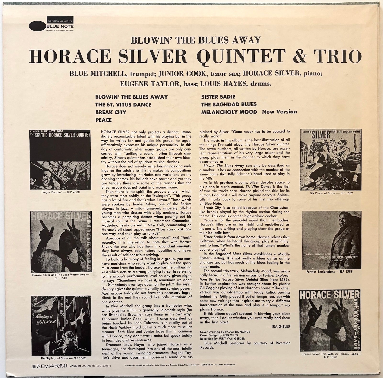 Back cover of Blowin' The Blues Away album by Horace Silver Quintet & Trio.