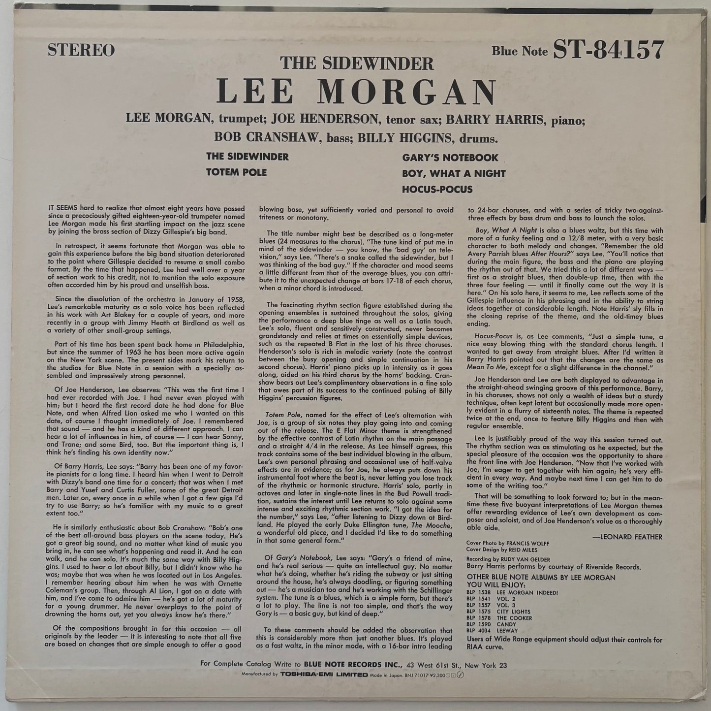 Back cover of Lee Morgan's The Sidewinder album on Blue Note Records