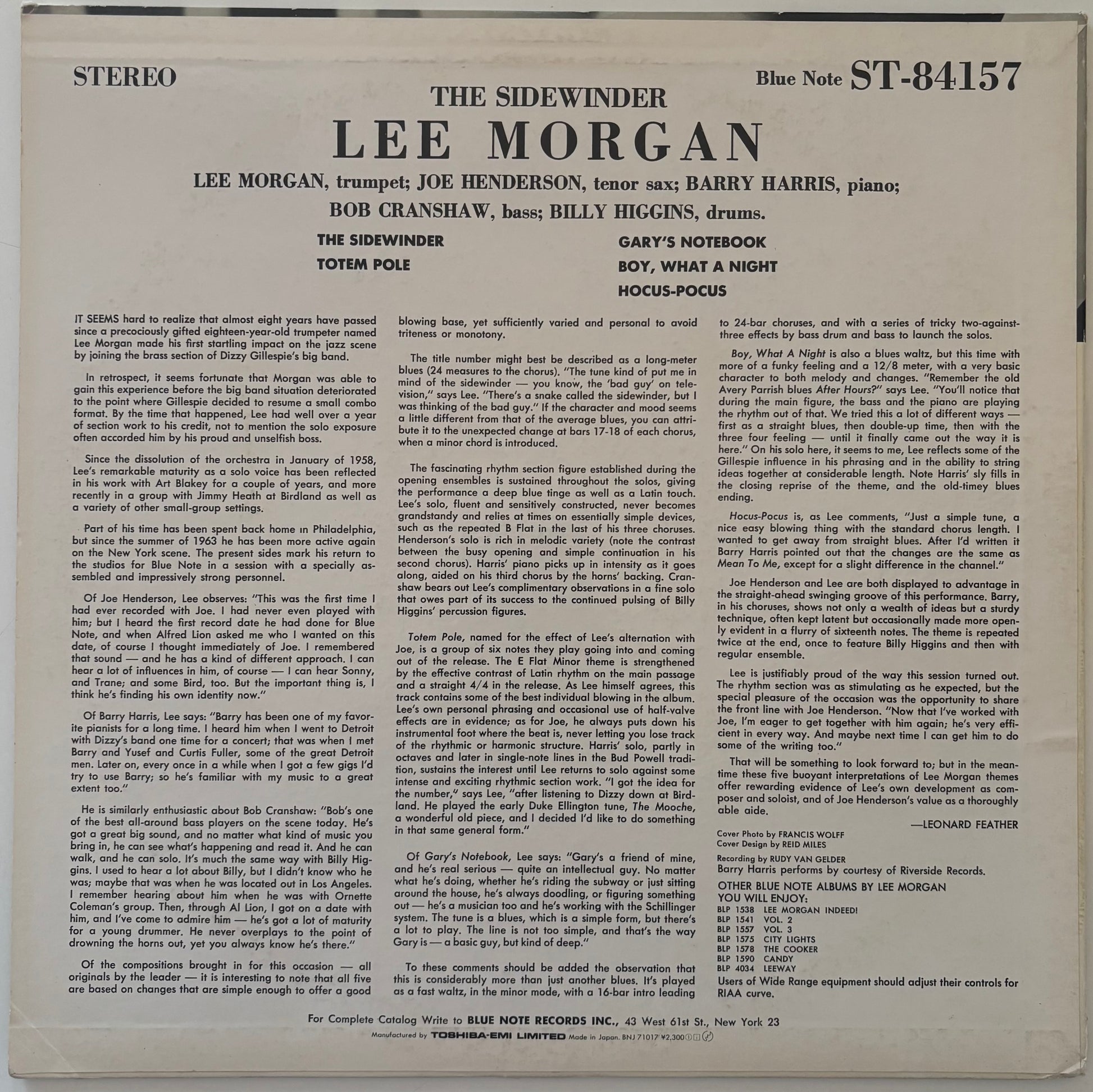 Back cover of Lee Morgan's The Sidewinder album on Blue Note Records