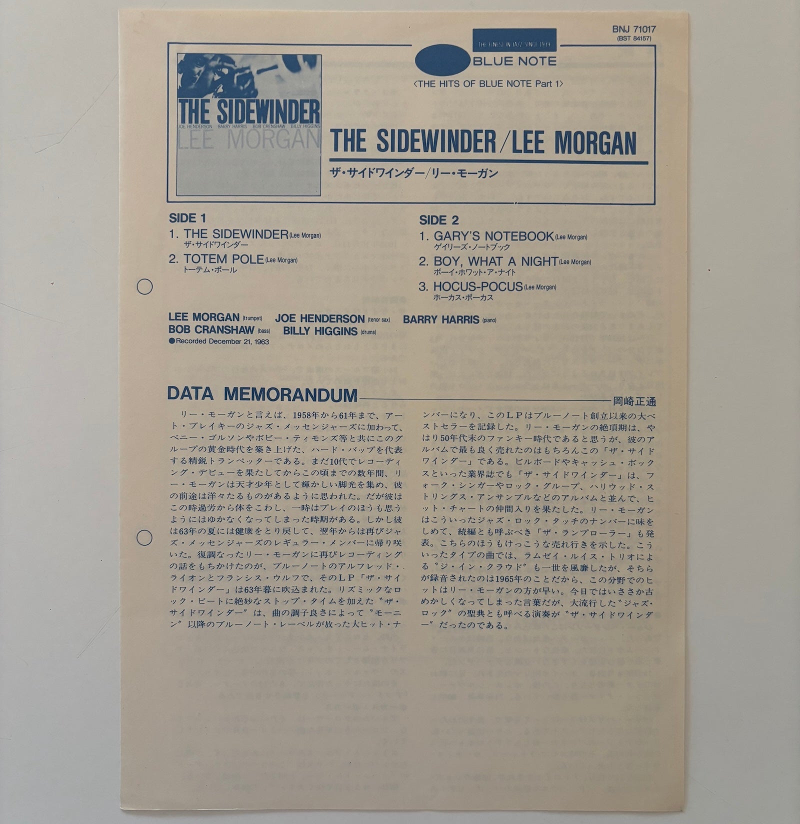 Vinyl insert for Japanese reissue 'The Sidewinder' by Lee Morgan.