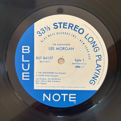 Record label with 'Blue Note' branding on a vinyl record - Lee Morgan The Sidewinder