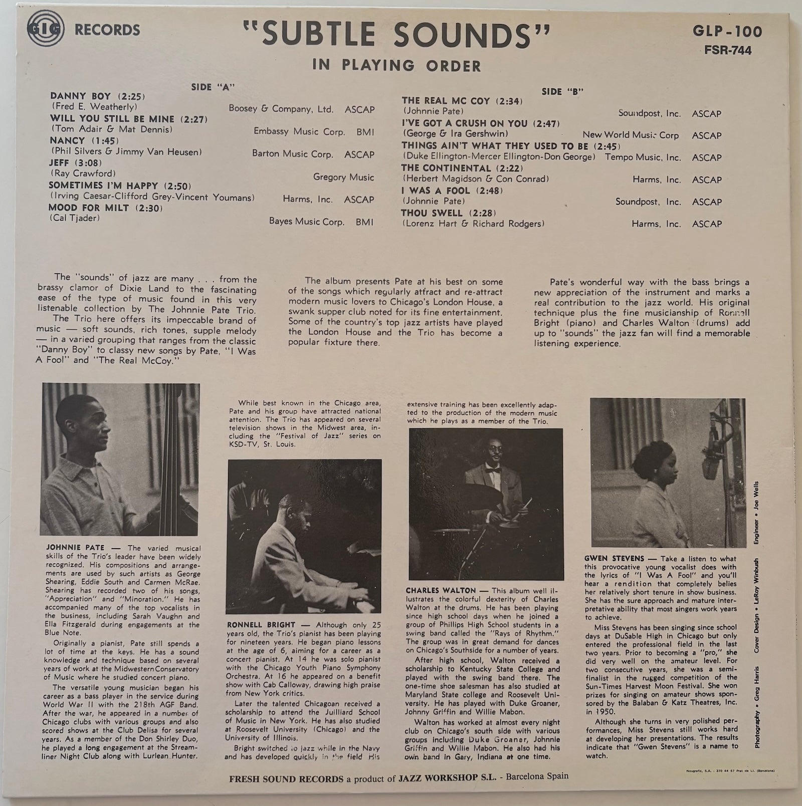 Back cover of a vinyl record with text and black and white photos, featuring the title 'Subtle Sounds' and album details.