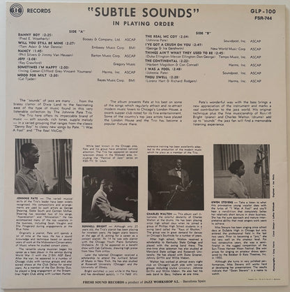 Back cover of a vinyl record with text and black and white photos, featuring the title 'Subtle Sounds' and album details.
