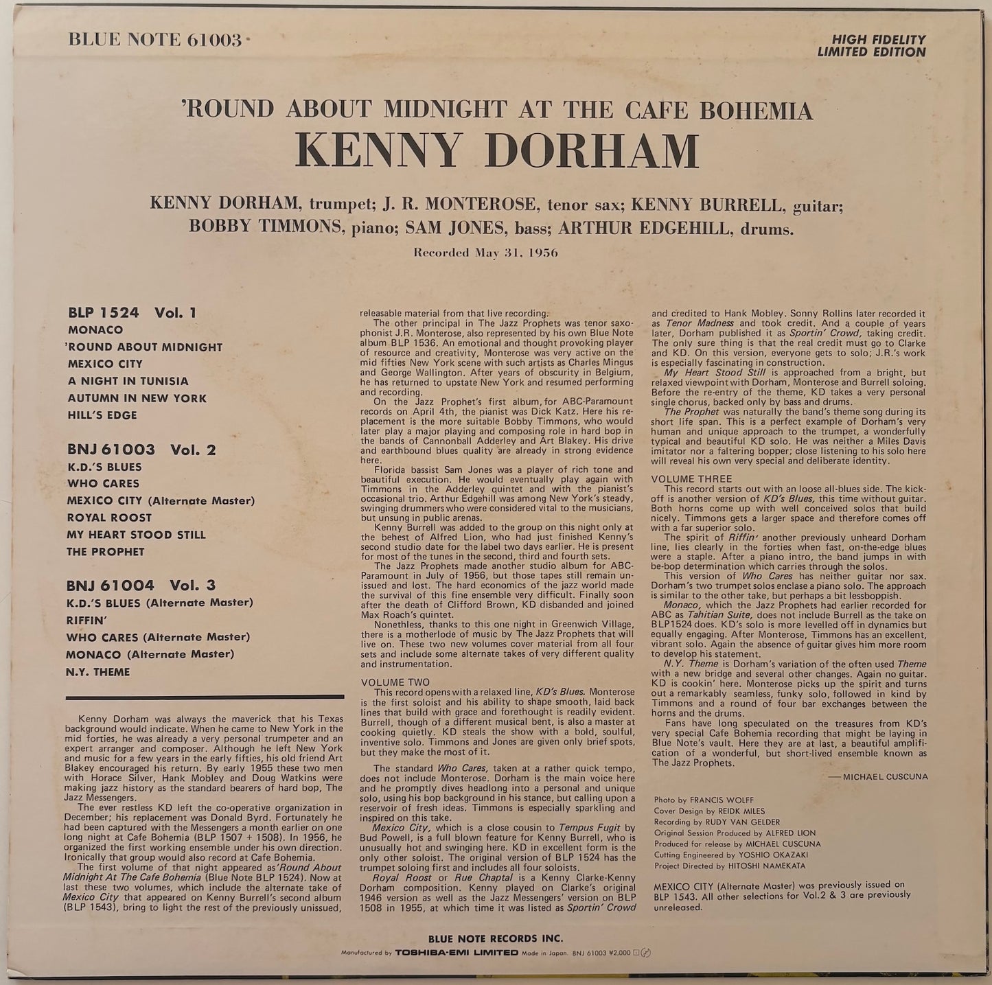 Back cover of a vinyl record featuring text about Kenny Dorham's performance at the Cafe Bohemia.