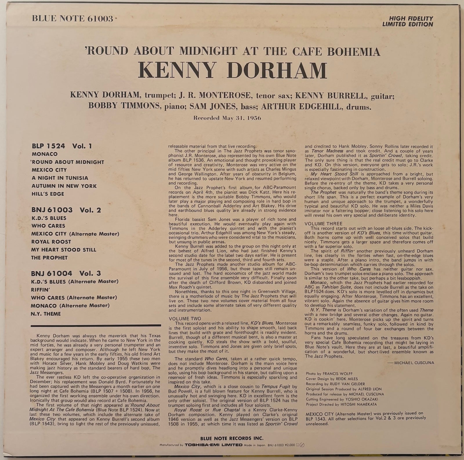 Back cover of a vinyl record featuring text about Kenny Dorham's performance at the Cafe Bohemia.