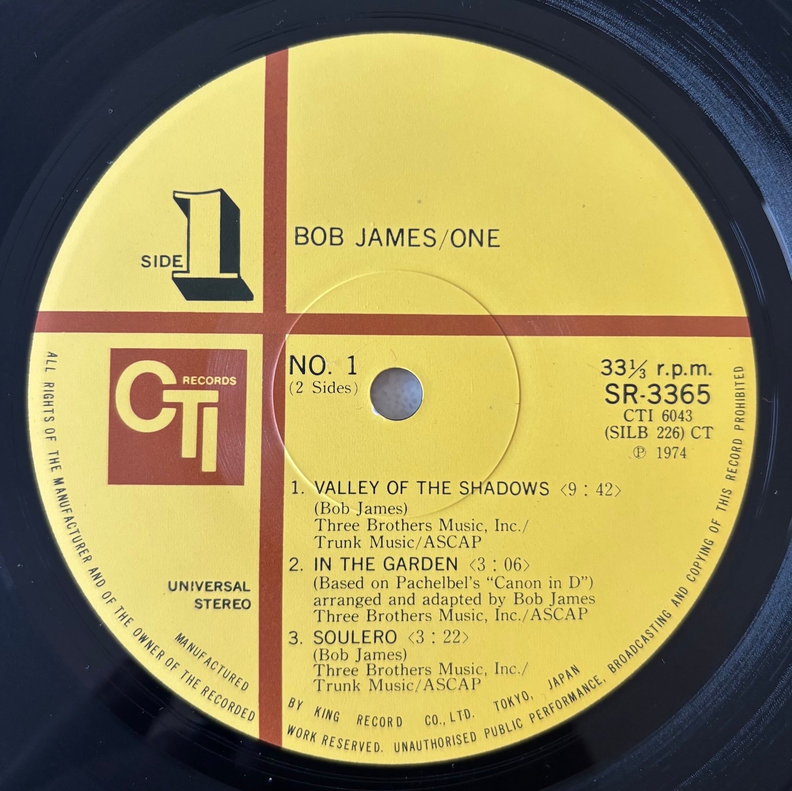 Record label of Bob James' 'One' album with text and CTI Records logo.