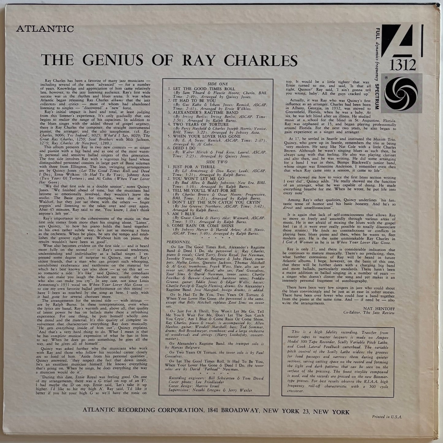 Back cover of a vinyl record 'The Genius of Ray Charles' featuring text and a logo, with 'Atlantic' label on top.