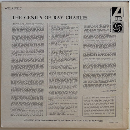 Back cover of a vinyl record 'The Genius of Ray Charles' featuring text and a logo, with 'Atlantic' label on top.