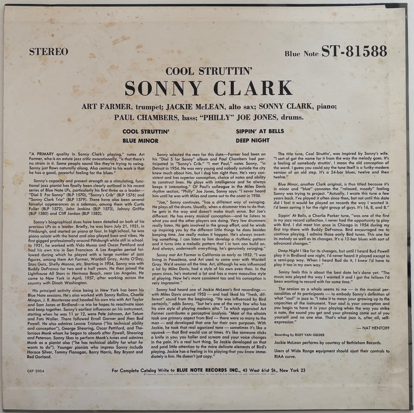 Back cover of a vinyl record featuring Sonny Clark's 'Cool Struttin'' with text and album details.