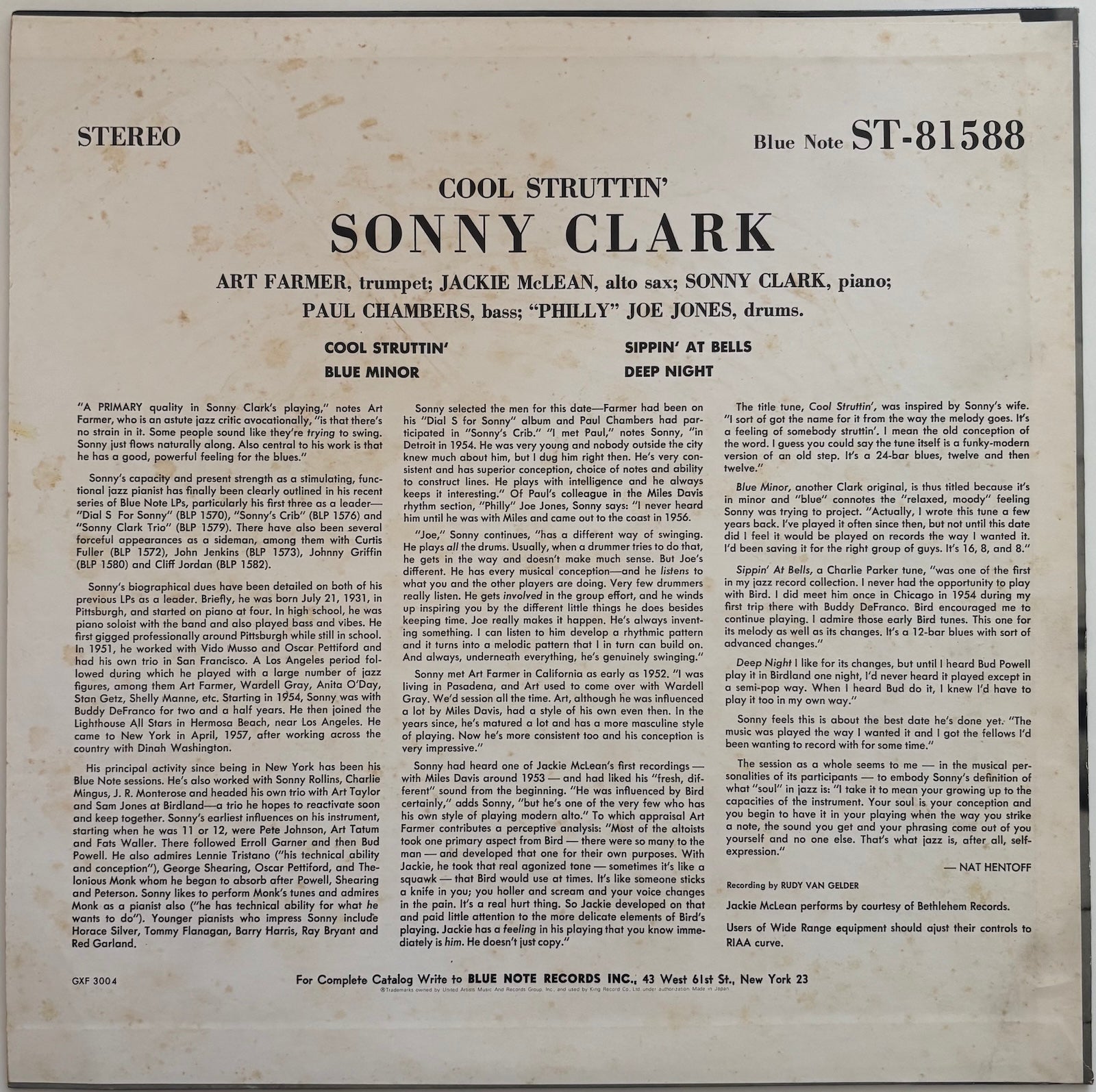 Back cover of a vinyl record featuring Sonny Clark's 'Cool Struttin'' with text and album details.