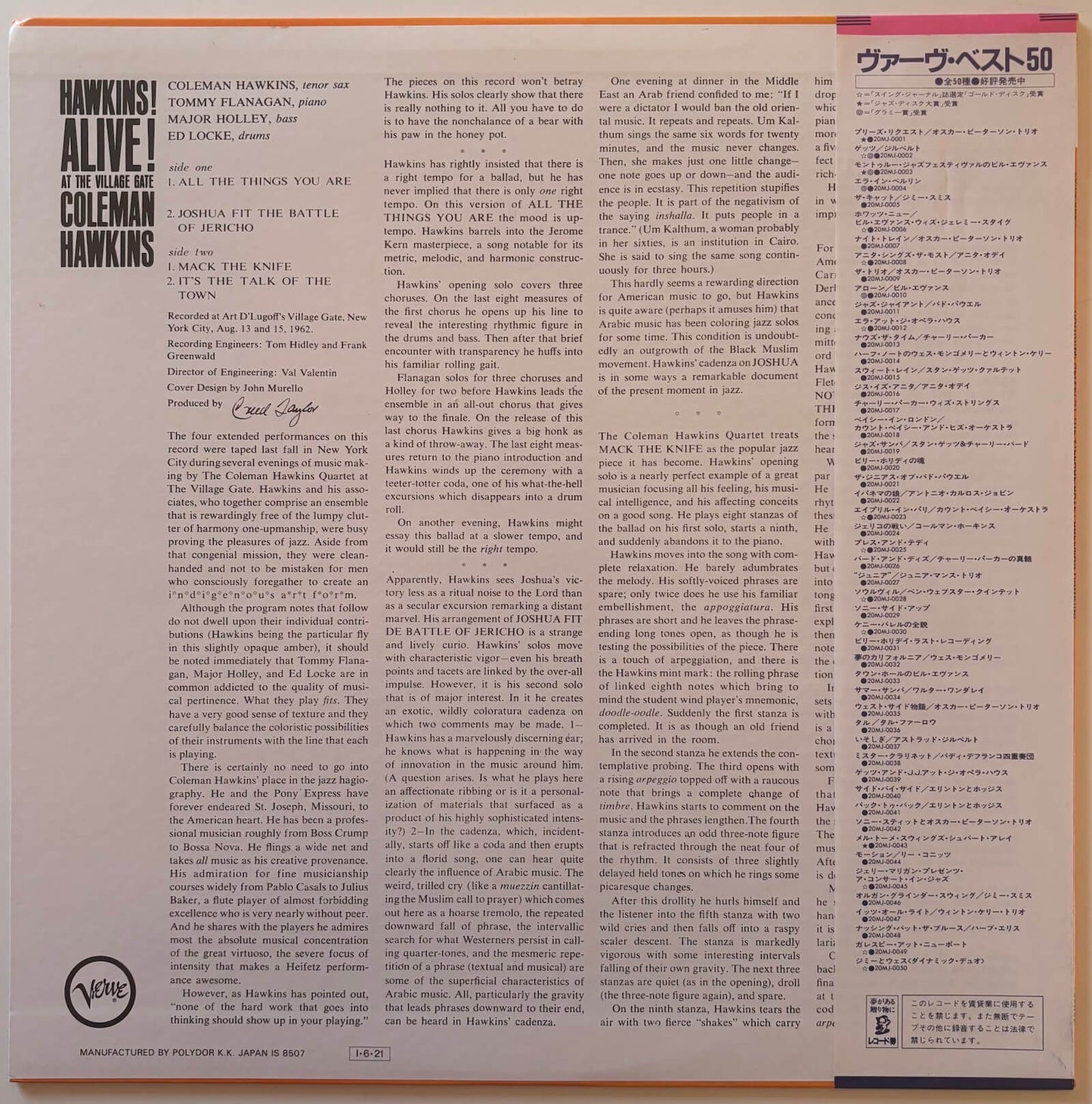 Coleman Hawkins - Hawkins! Alive At The Village Gate (Japanese Verve Vinyl LP)