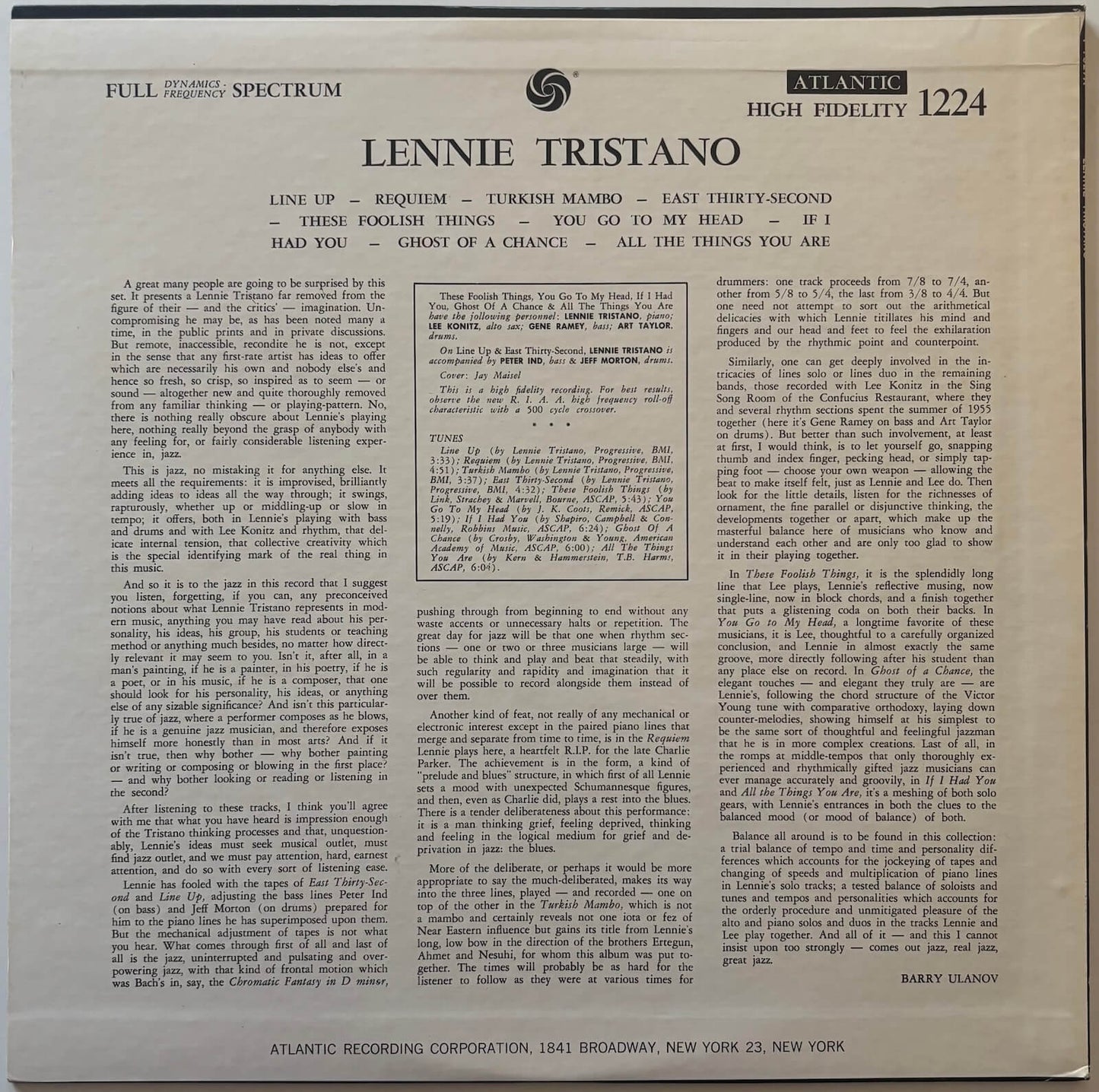Lennie Tristano - Lennie Tristano (1976 Japanese Atlantic Vinyl LP Mono)