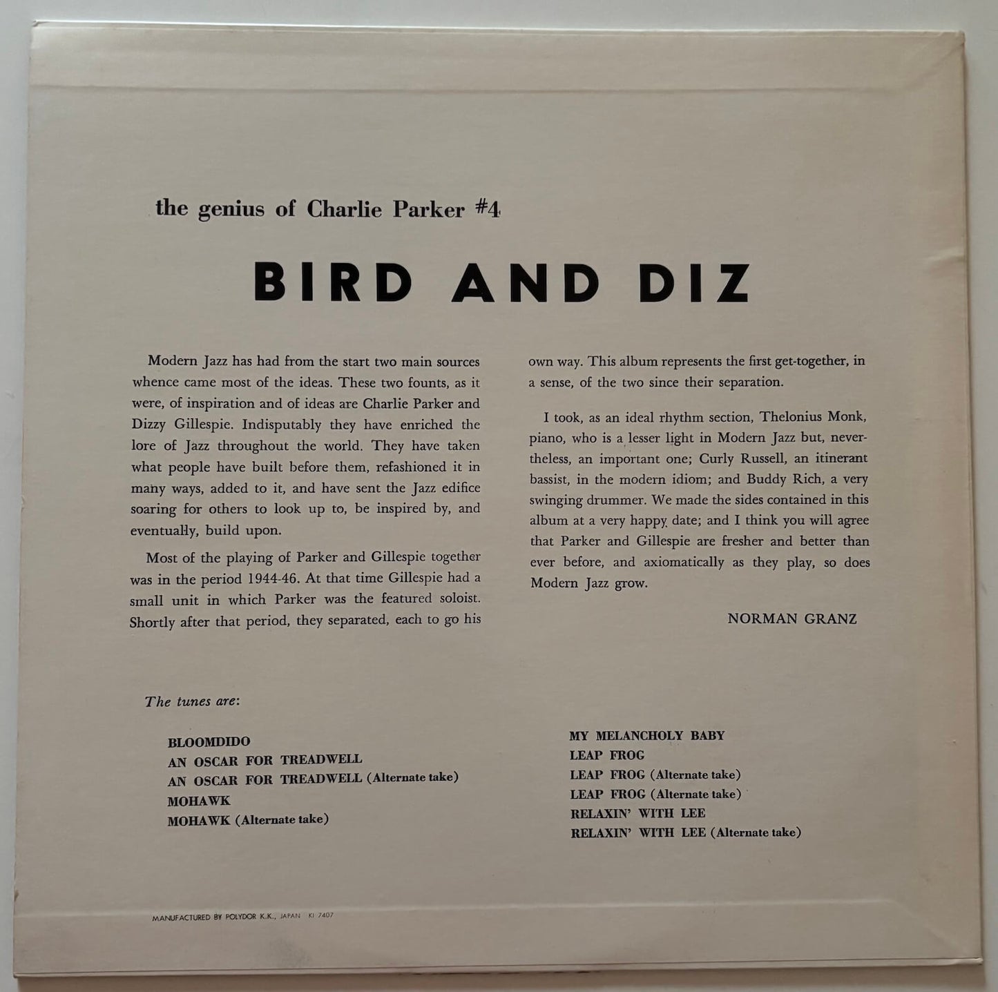 Charlie Parker And Dizzy Gillespie - Bird And Diz (1974 Japanese Verve Mono LP)