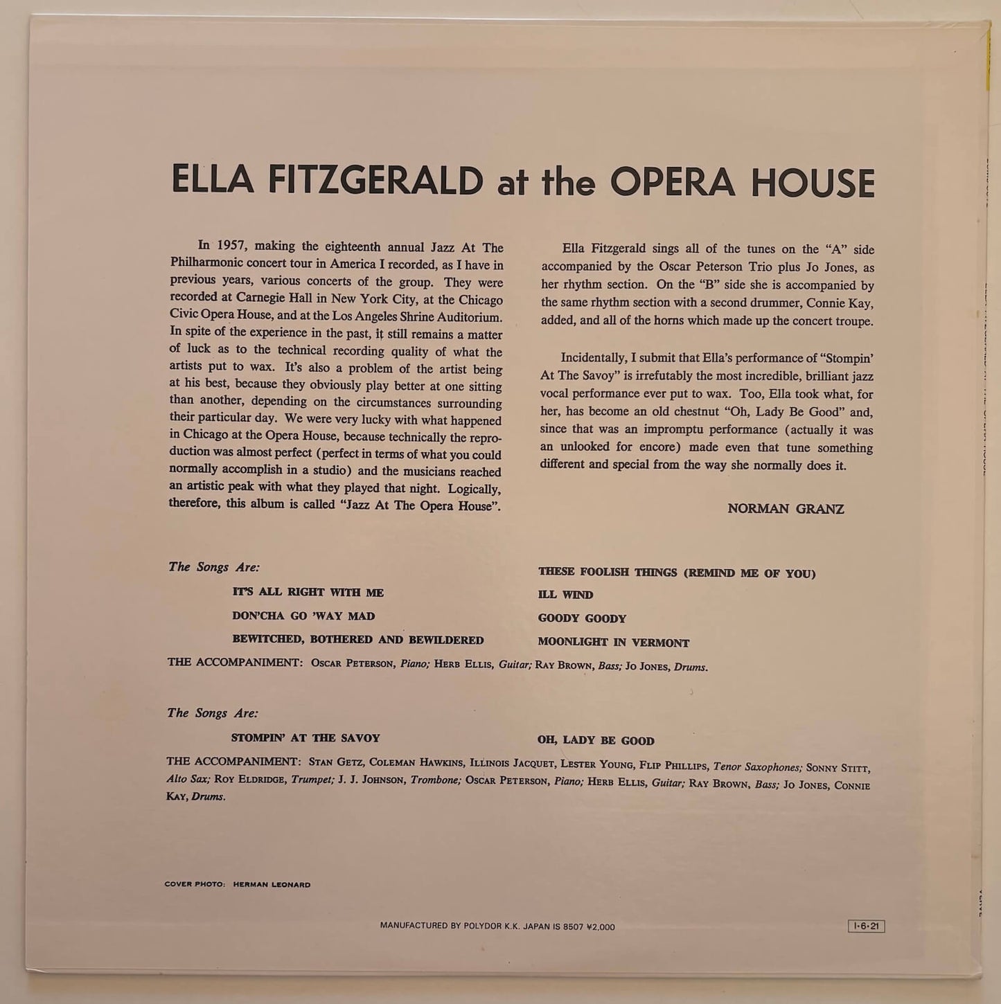 Ella Fitzgerald - Ella Fitzgerald At The Opera House (1985 Japanese Verve Mono LP)