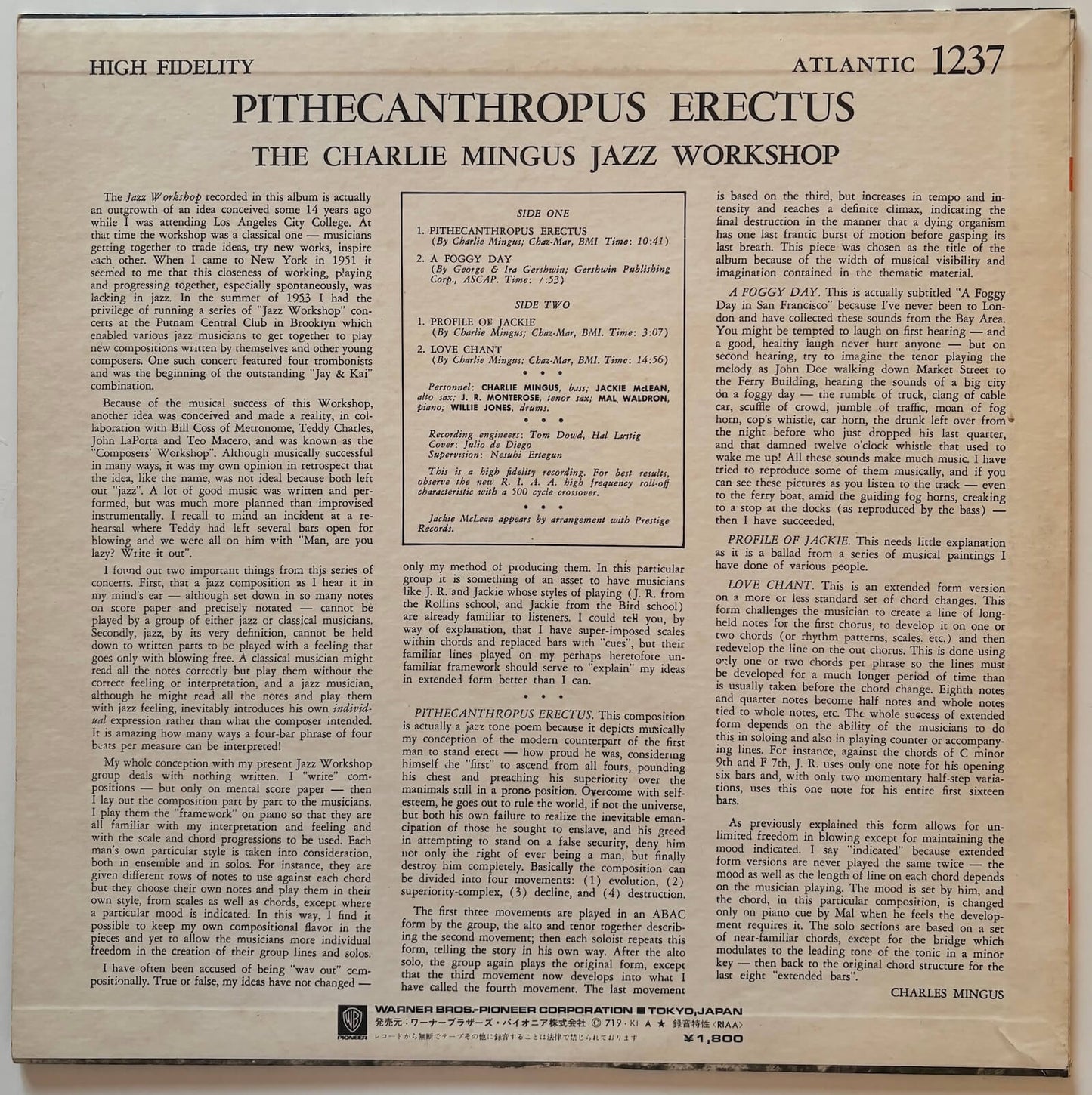 Charlie Mingus Jazz Workshop - Pithecanthropus Erectus (1972 Japanese Atlantic Mono LP)