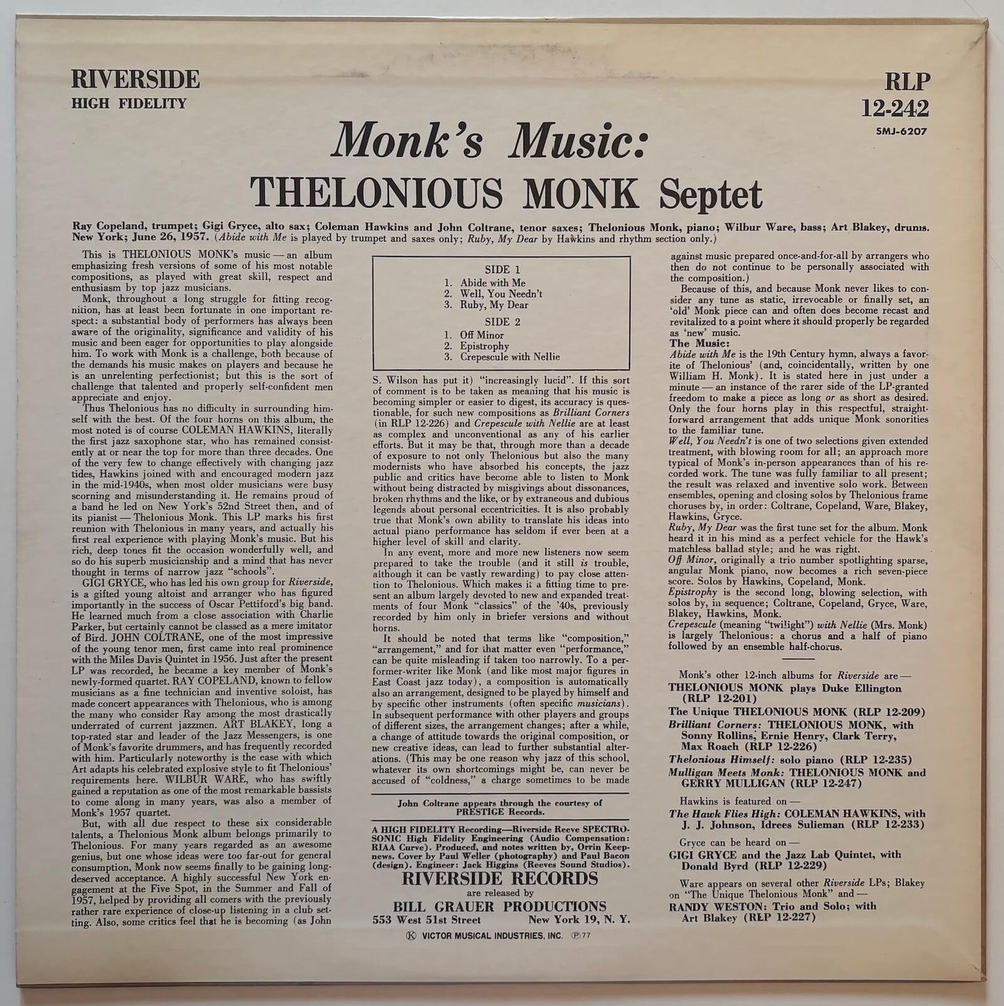 Thelonious Monk Septet - Monk's Music (1977 Japanese Riverside Stereo LP)
