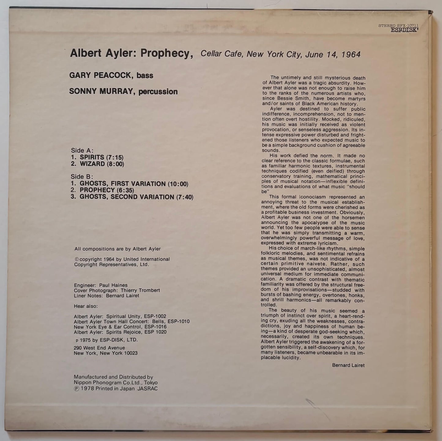 Albert Ayler - Prophecy (1978 Japanese ESP-Disk' Mono Vinyl LP)