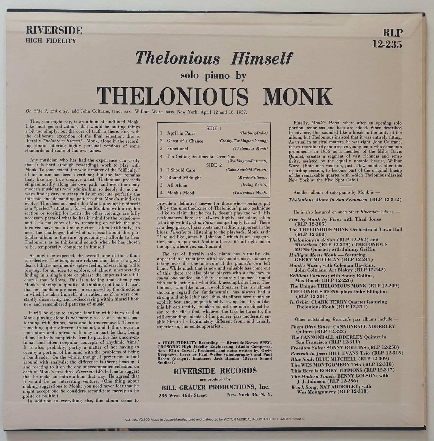 Thelonious Monk - Thelonious Himself (1984 Japanese Riverside Mono LP)