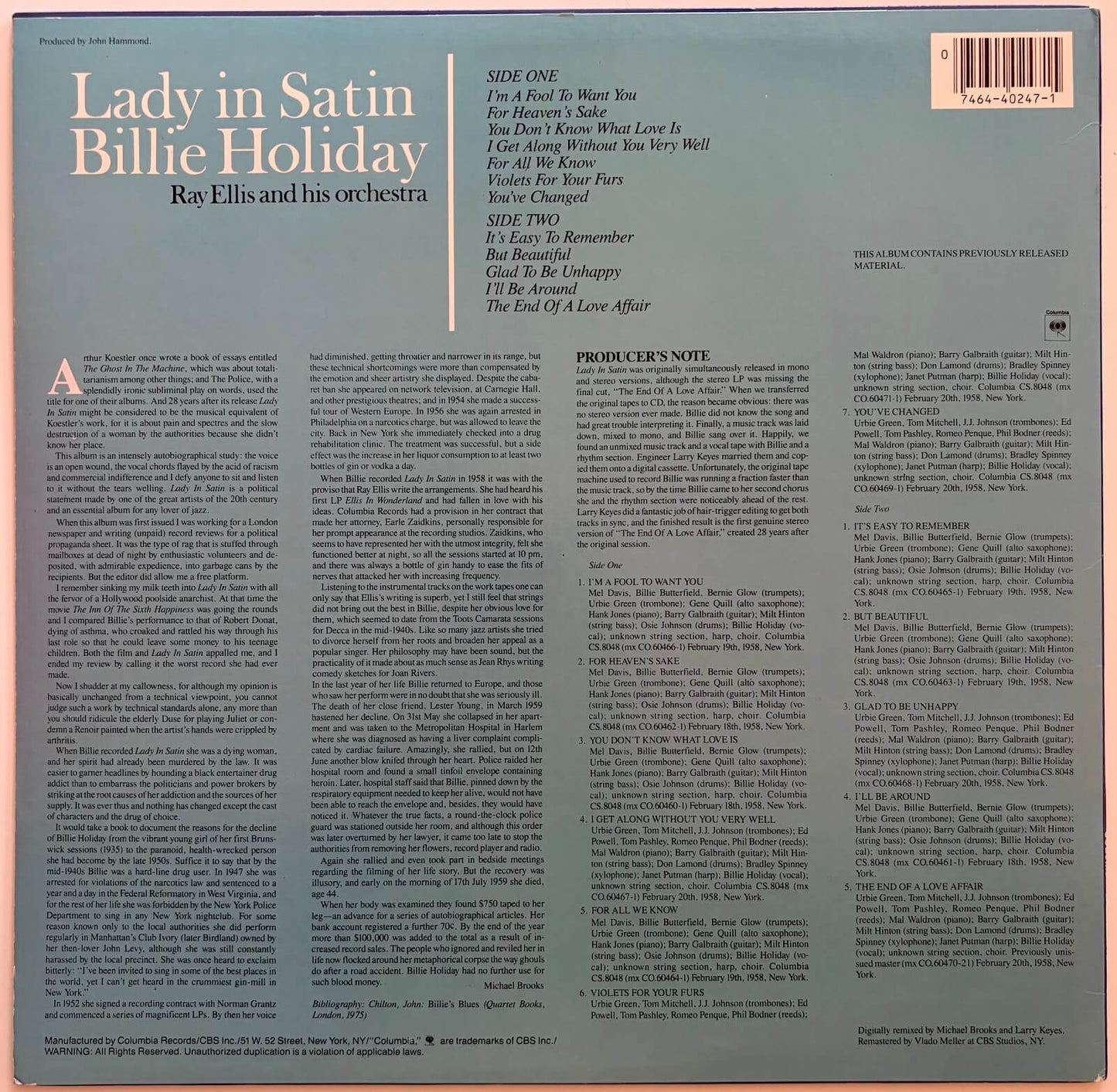 Billie Holiday - Lady In Satin (1987 Columbia Jazz Masterpieces LP)