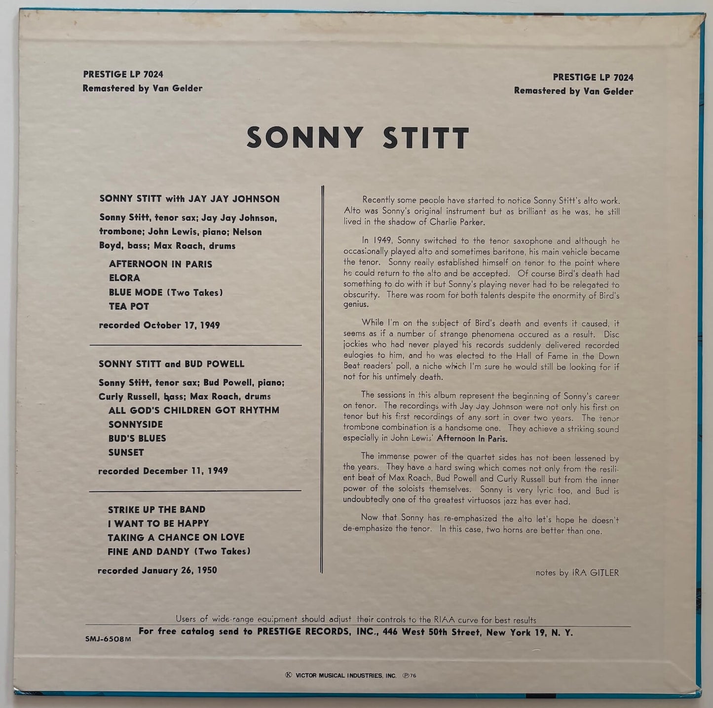 Sonny Stitt / Bud Powell / J.J. Johnson (1976 Japanese Prestige Jazz Masterpiece Series LP)