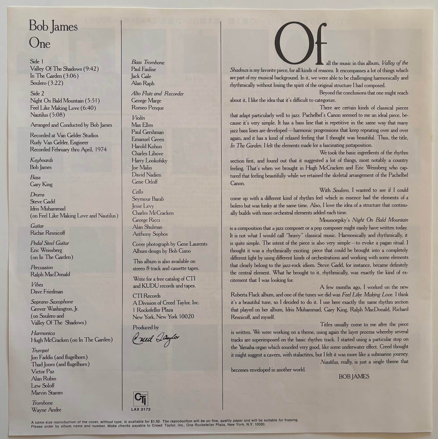 Bob James - One (1978 Japanese CTI Limited Edition Vinyl LP)