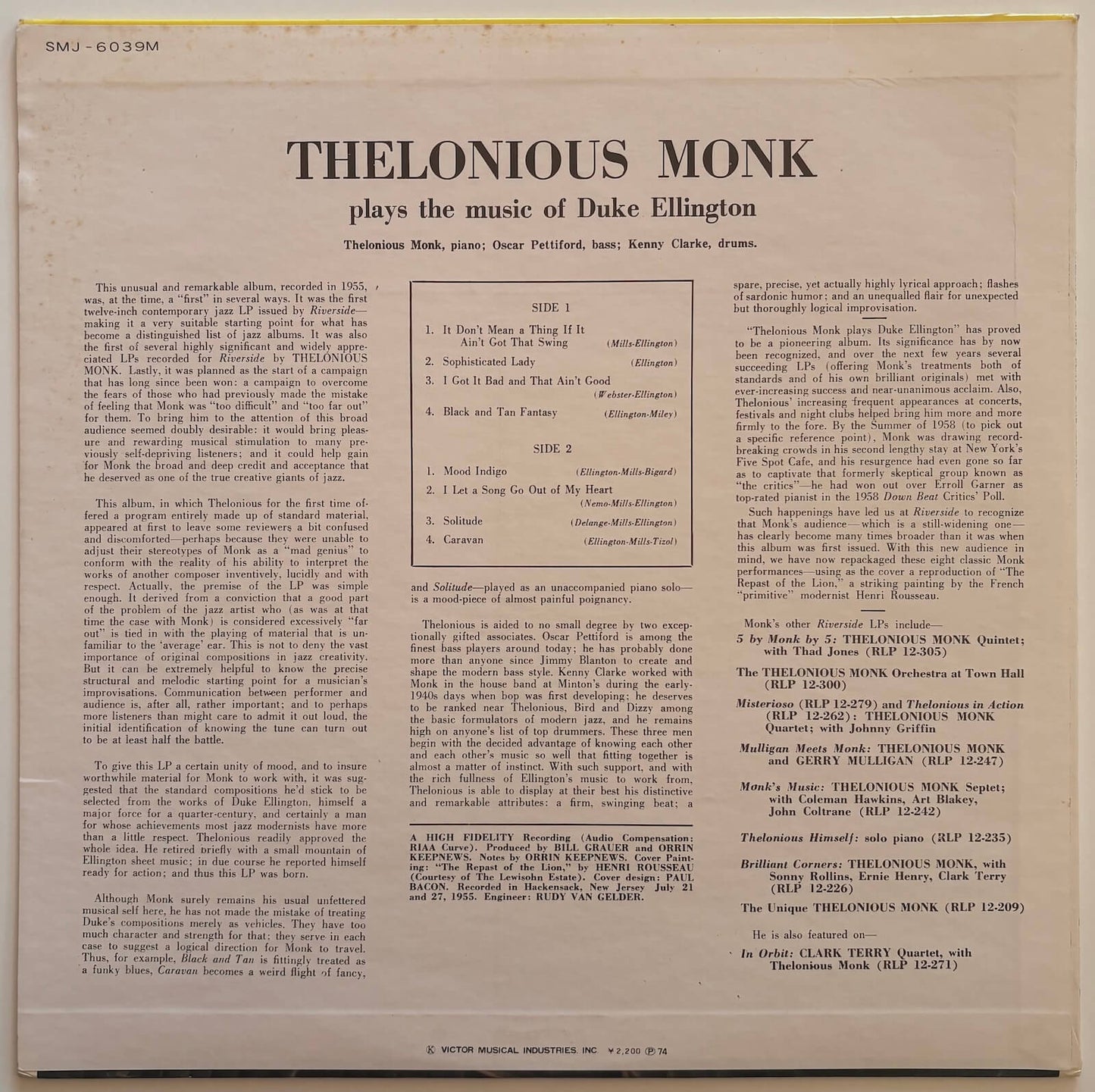 Thelonious Monk - Plays Duke Ellington (1974 Japanese Milestone Mono LP)
