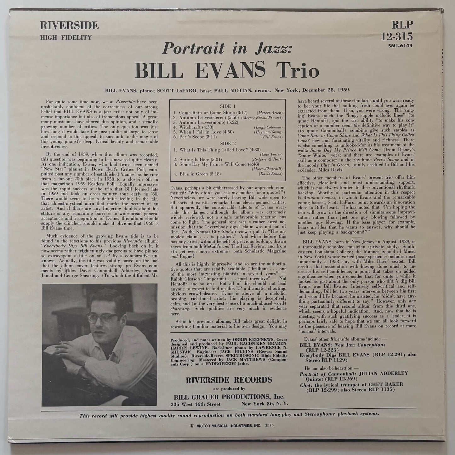 Bill Evans Trio - Portrait in Jazz (1976 Japanese Riverside Vinyl LP)
