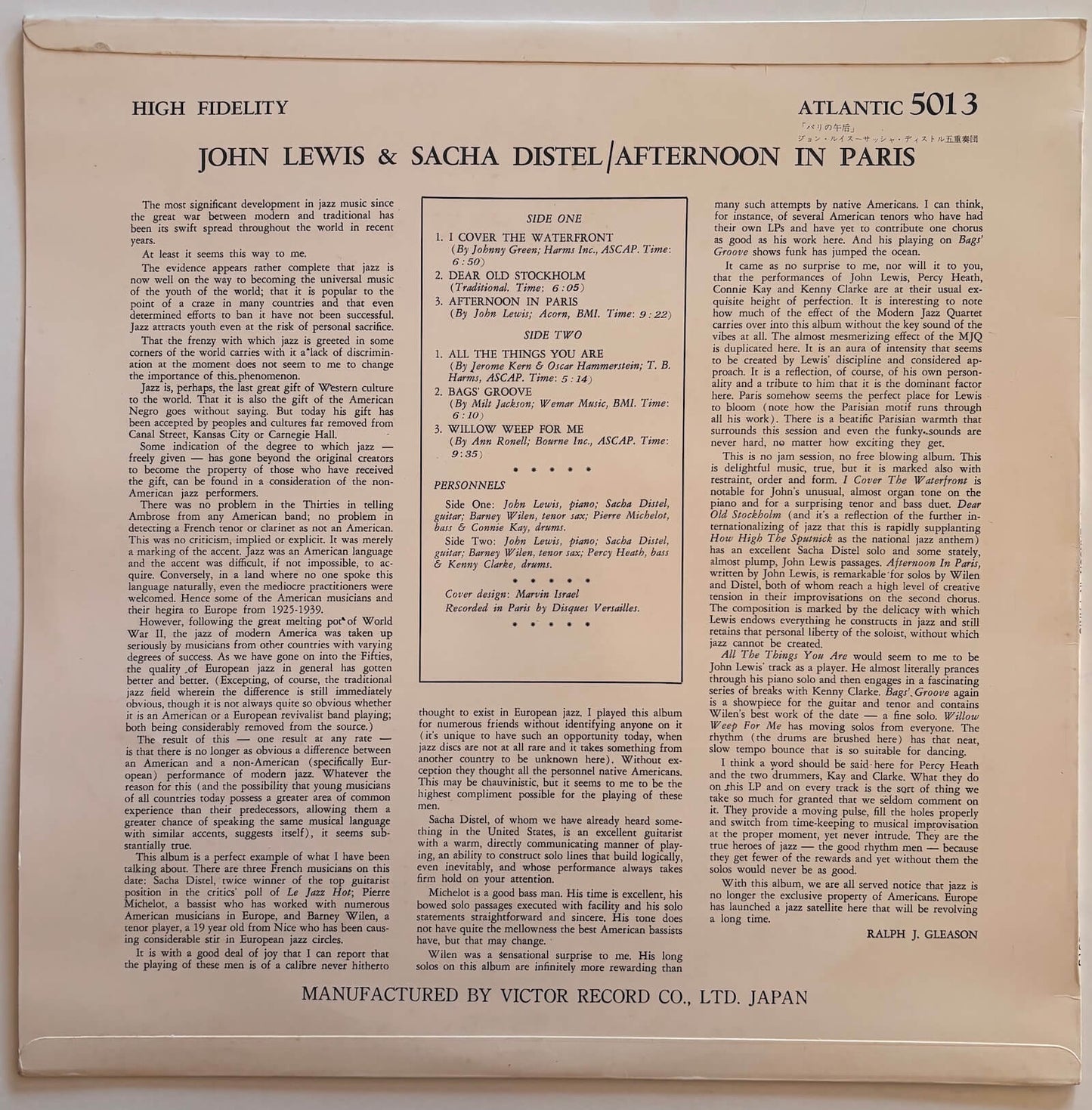 John Lewis & Sacha Distel - Afternoon in Paris (1958 Japanese Atlantic ATL-5013 Original LP, Mono)