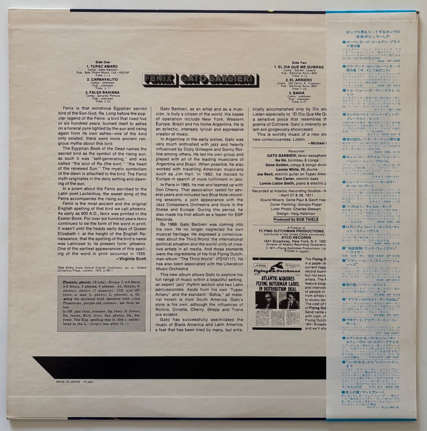 Gato Barbieri - Fenix (1975 Japanese Flying Dutchman Vinyl LP)