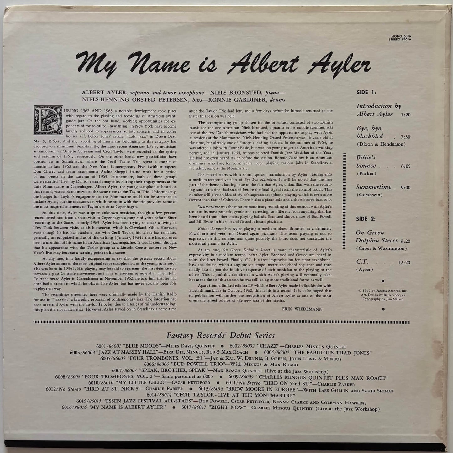 Albert Ayler - My Name Is Albert Ayler (c.1973 US Fantasy Vinyl LP)