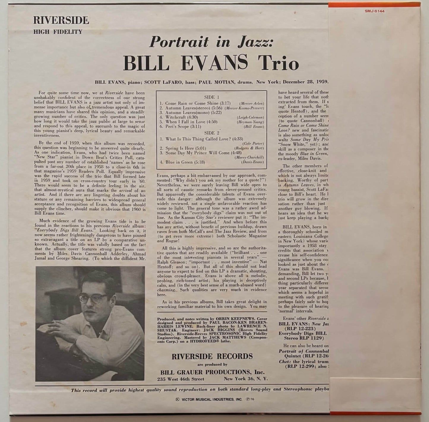 Bill Evans Trio - Portrait in Jazz (1976 Japanese Riverside Vinyl LP)