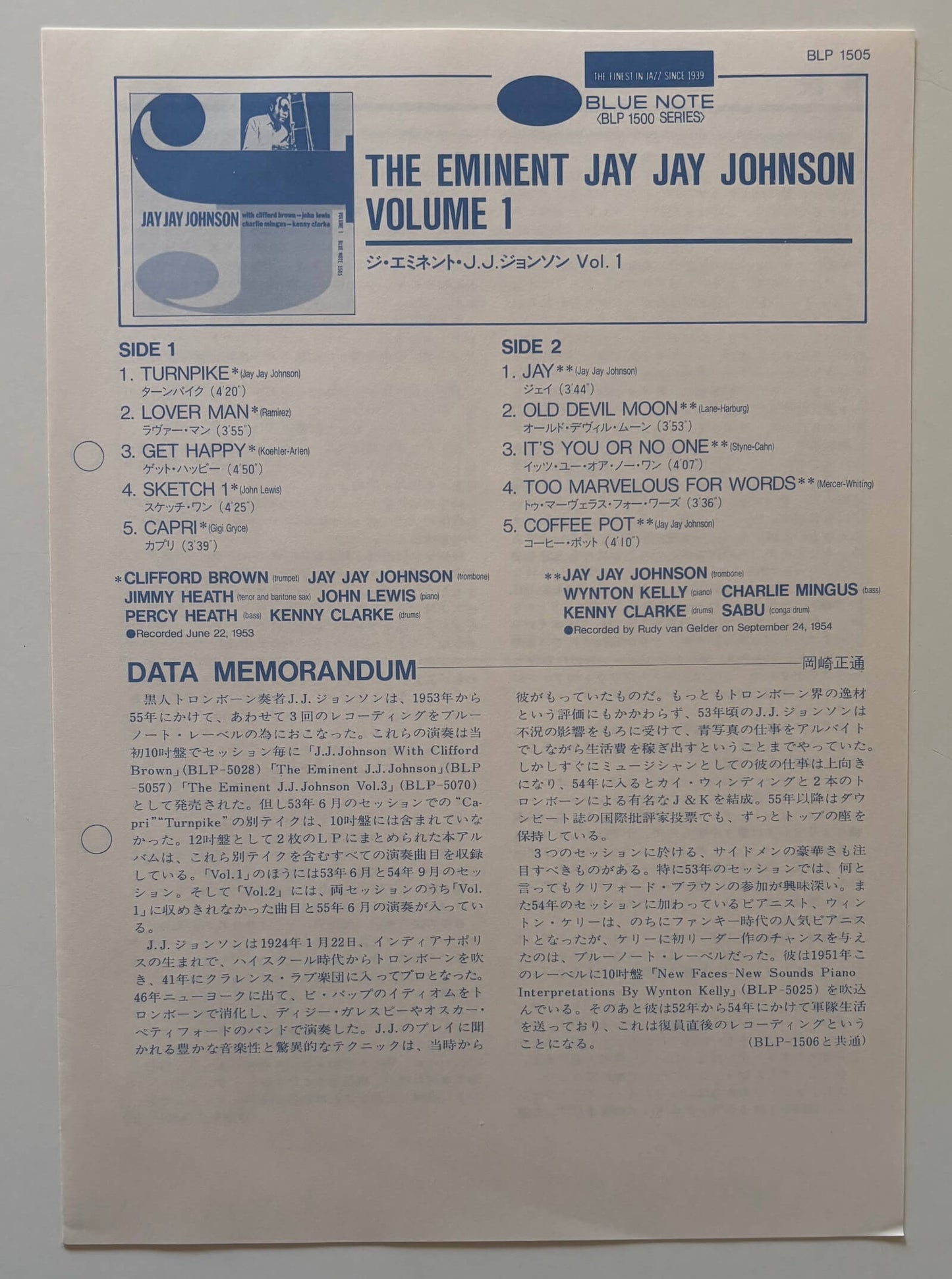 J.J. Johnson - The Eminent Jay Jay Johnson Volume 1 (1983 Japanese Blue Note Mono LP)