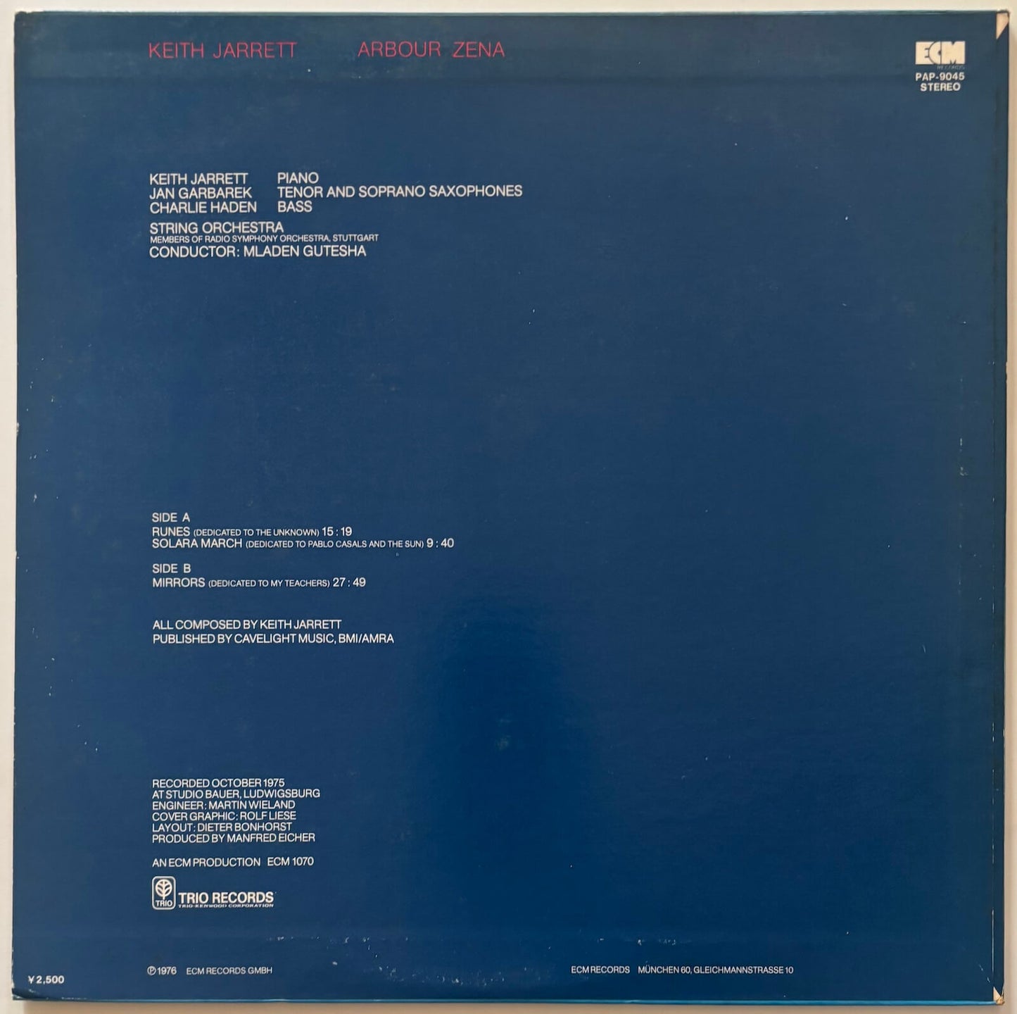 Keith Jarrett - Arbour Zena (1976 Japanese ECM / Trio Records Stereo LP)