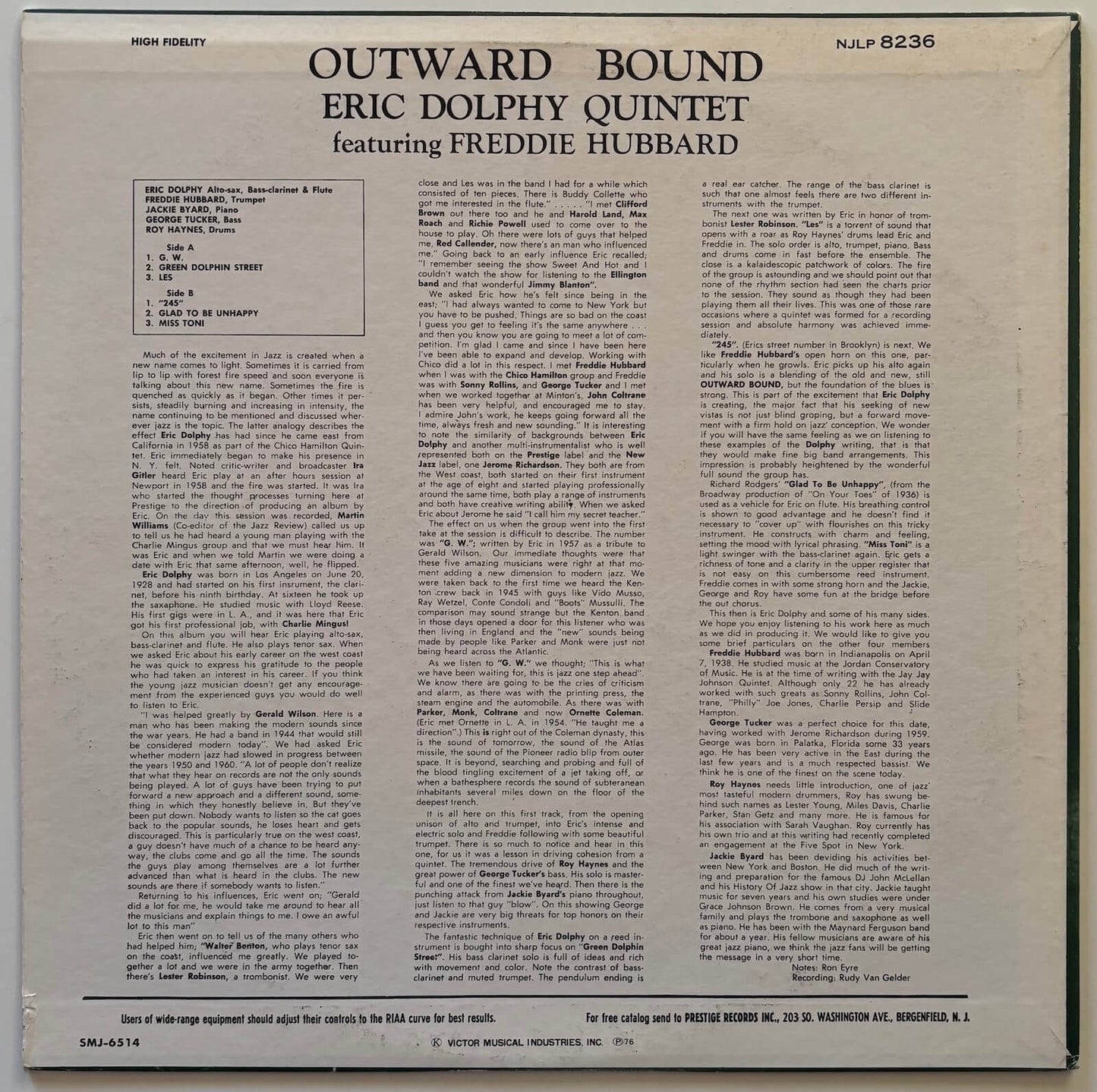 Eric Dolphy Quintet - Outward Bound (1976 Japanese New Jazz Stereo LP)